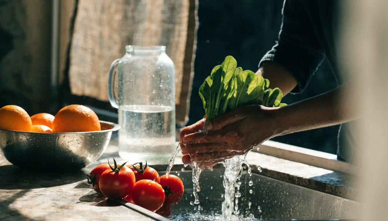 A nutritionist's desk from above with closed notebooks, a bowl of fruit, and a jug of water in hard noon light