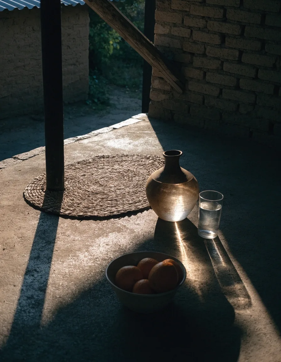 A quiet Kasane street corner in late-afternoon shadow with a paved walkway