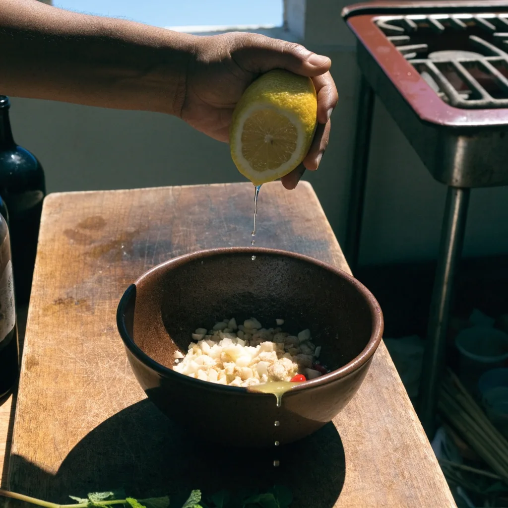 Kitchen counter with garlic, ginger, lemon, chilli and herbs beside a jug of water in hard noon light