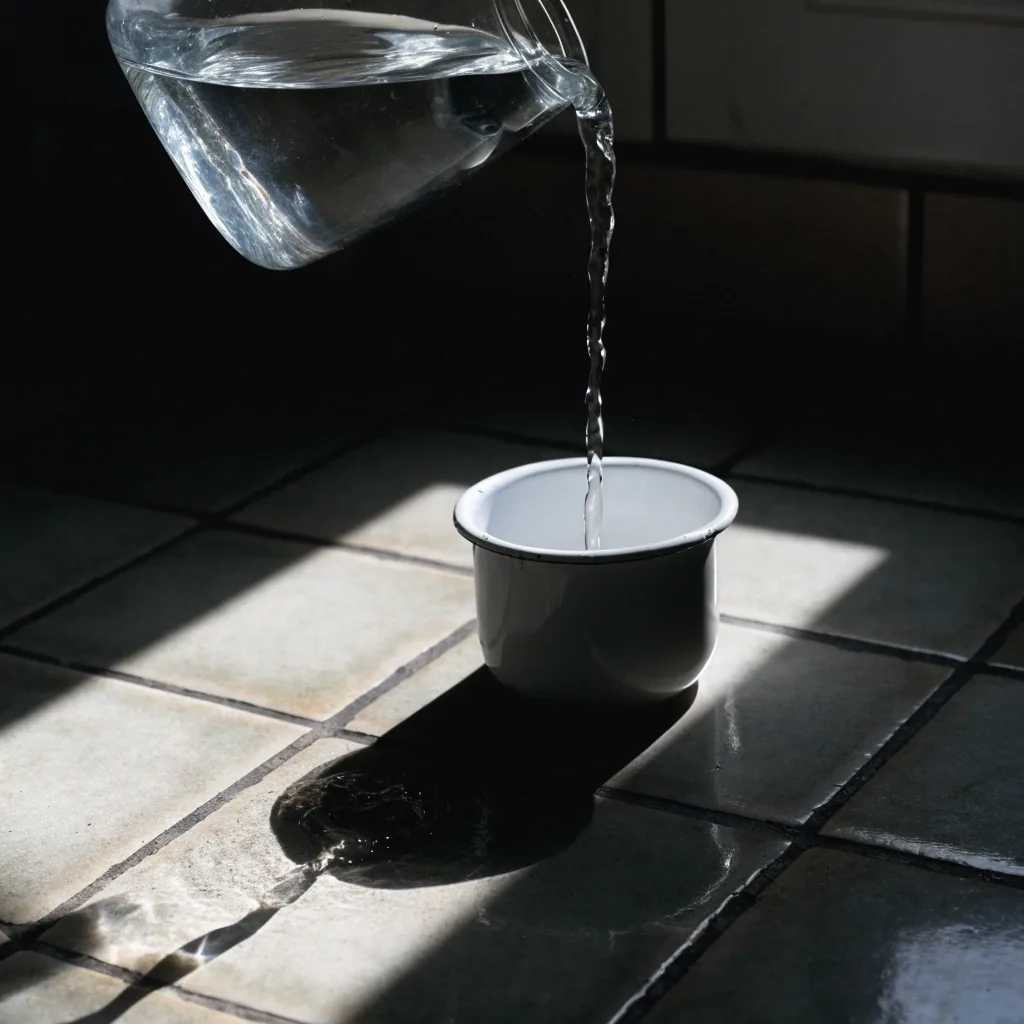 Water poured from a plain jug into an enamel cup on a tiled surface, shadow cut hard across the tile